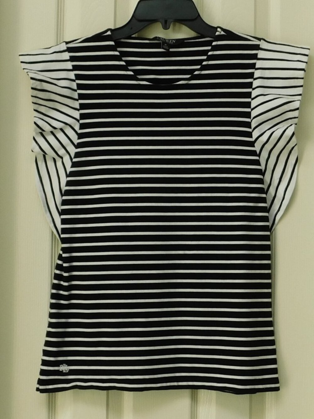 LAUREN RALPH LAUREN Striped Black White Top Flutter Sleeve Womens M Pullover